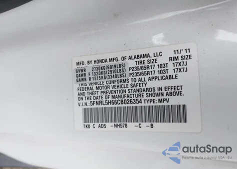 2012 Honda Odyssey Ex-L z USA, uszkodzony, nr VIN 5FNRL5H66CB026354